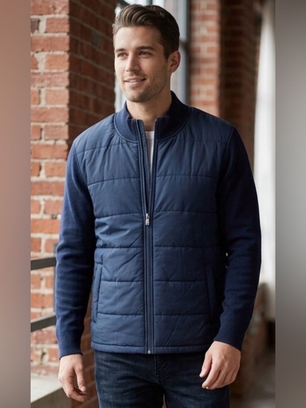 INFINITY Linear Flex Men's Navy Mixed Media Puffer Jacket knitted sleeves
